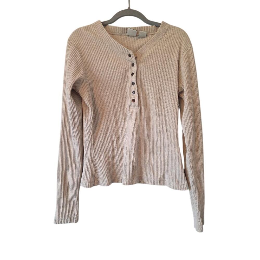 Vintage Levi Strauss Ribbed Henley Top Womens M Beige Cotton Y2K